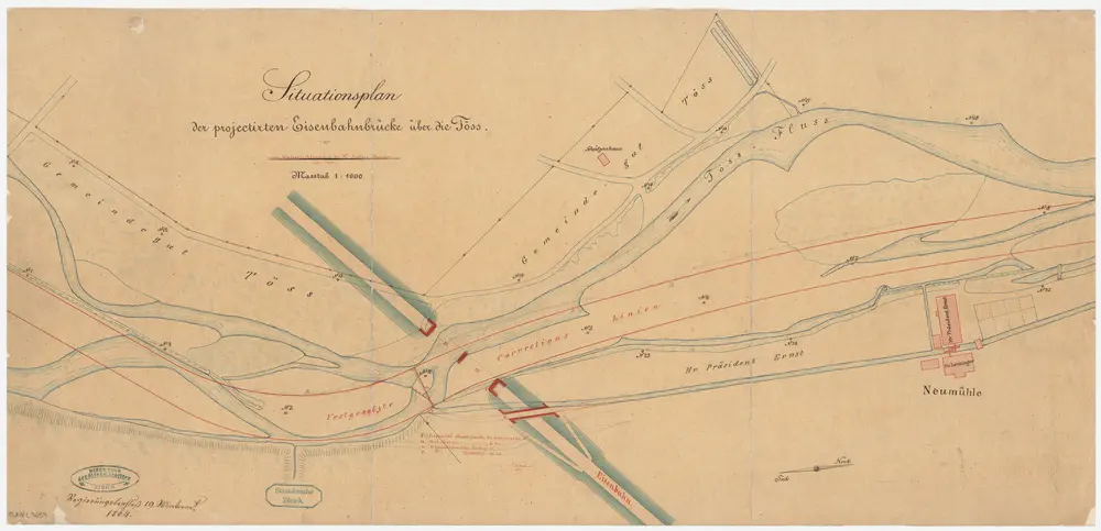 Winterthur, Töss: Töss oberhalb der Neumühle, Projektierung der Brücke der Schweizerischen Nordbahn SNB und der Schweizerischen Nordostbahn NOB sowie Festsetzung von Tösskorrektionslinien; Situationsplan