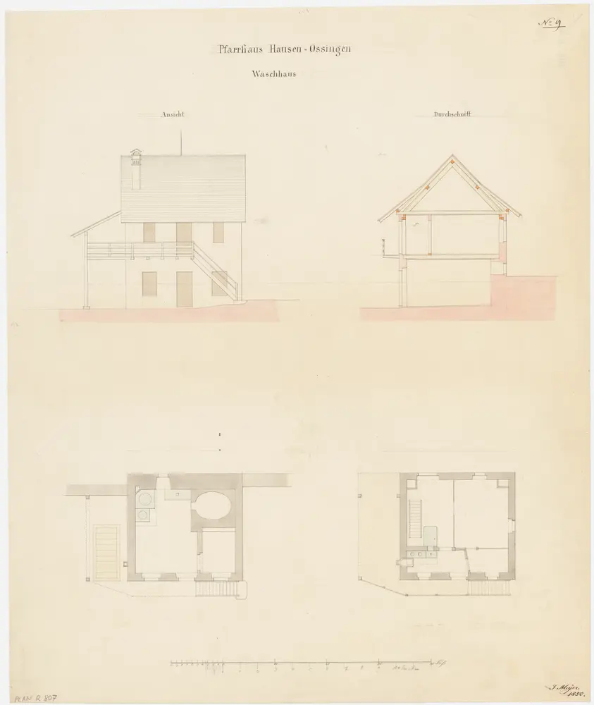 Ossingen: Waschhaus; Ansicht, Querschnitt und Grundrisse des Erdgeschosses und des 1. Stocks (Nr. 9)