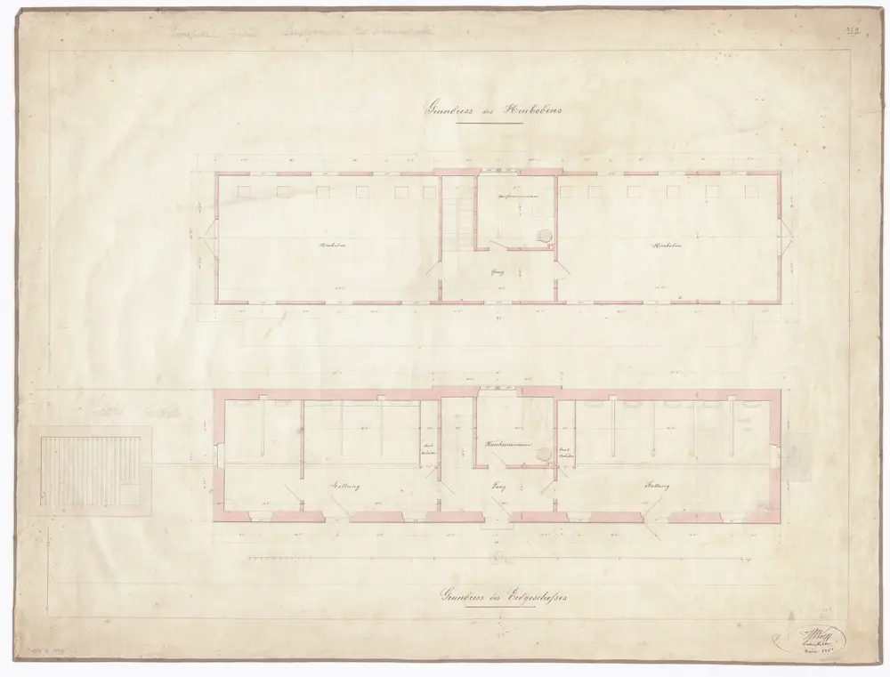 Tierarzneischule Selnaustrasse, Stallungen: Erdgeschoss und Heuboden; Grundrisse