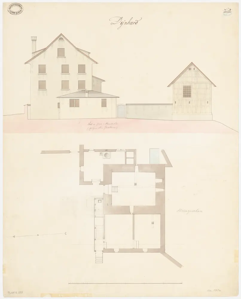 Dinhard: Pfarrhaus; Südostansicht und Grundriss des Kellers (Nr. 3)