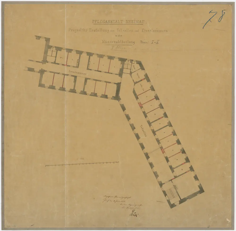Pflegeanstalt Rheinau: Männerabteilung, Flügel I und II, projektierte Tob- und Einzelzellen; Grundriss