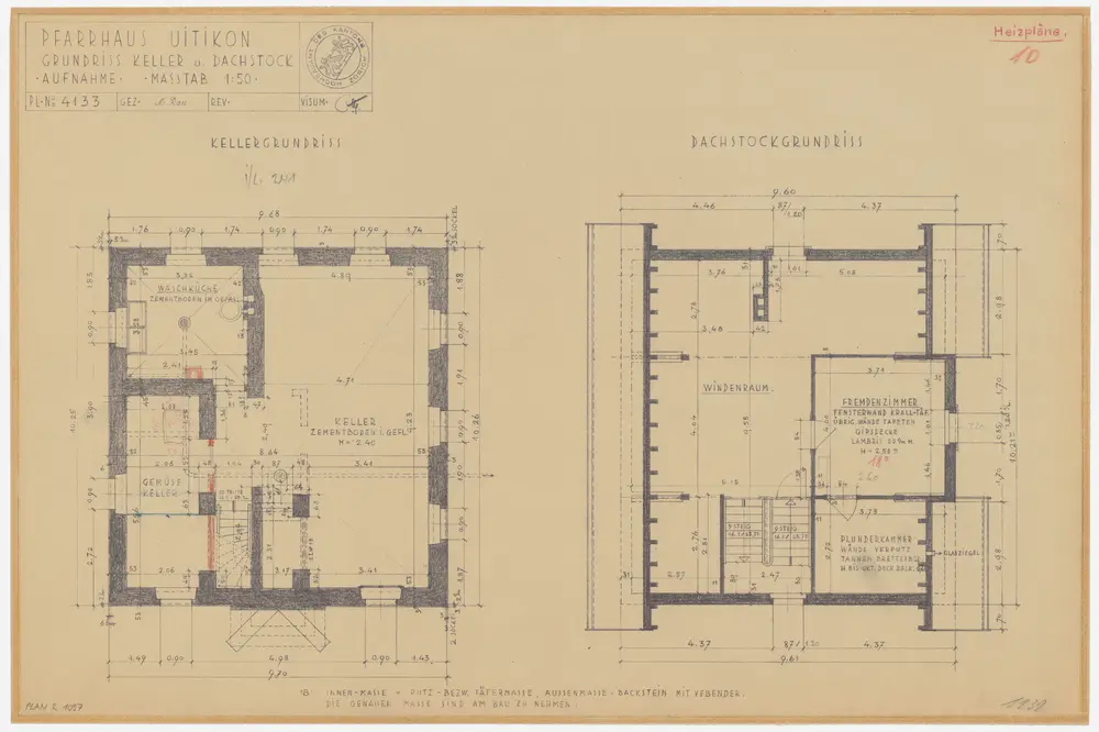 Uitikon: Pfarrhaus, Keller und Dachgeschoss; Grundrisse (Nr. 10)