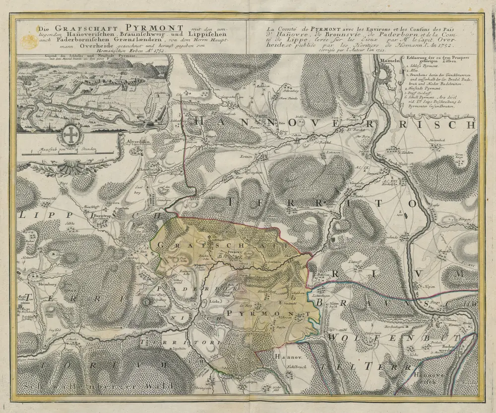 Die GRAFSCHAFT PYRMONT mit den liegenden Hanoverischen, Brauschweig und Lippischen auch Paderbornischen Graenzlaendern, von dem Herrn Hauptmann Overheide gezeichnet und herauß gegeben von Homänischen Erben A.o 1752 = La Comté de PYRMONT avec les Environs et les Confins des Pais d'Hanovre, de Brounsvic, de Paderborn, et de la Comté de Lippe, levée sur les Lieux