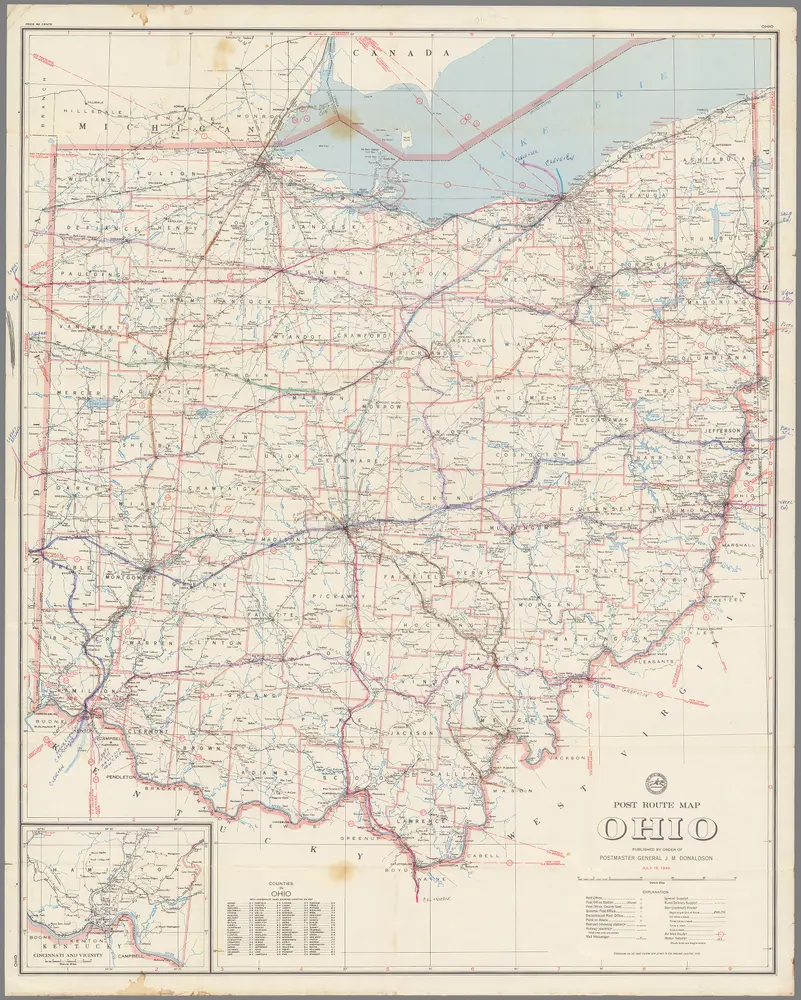 Post Route Map of the State of Ohio Showing Post Offices ... July 15, 1949.