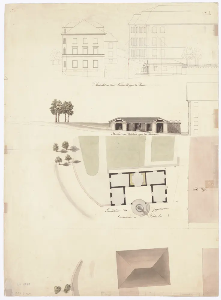 Kronentor: Projektiertes Ökonomiegebäude; Ansichten und Grundriss (Nr. 2)