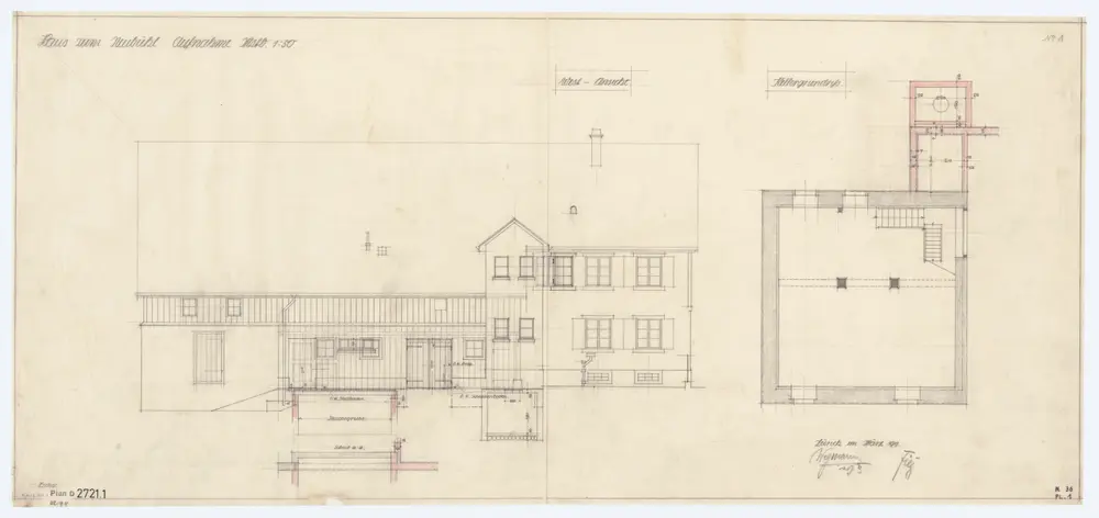 Haus zum Neubühl: Ansichten, Grundrisse und Querschnitt: Westansicht und Grundriss (Keller)