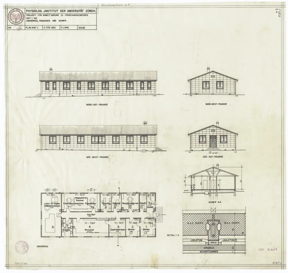 Universität Zürich, Physiologisches Institut, projektierte Arbeitsräume zu Forschungszwecken, Zürichbergstrasse 6; Ansichten, Grundriss und Querschnitt A-A