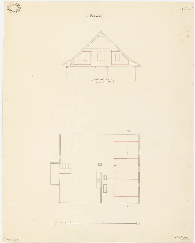 Hirzel: Pfarrhaus, Dachboden; Grundriss und Querschnitt (Nr. 10)