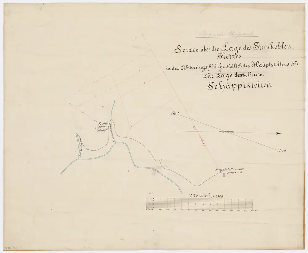 Horgen: Kohlebergwerk Käpfnach, Kohleflöz in der Abbauungsfläche südlich des Hauptstollens Nr. 1 und Kohleflöz im Schäppistollen; Grundriss