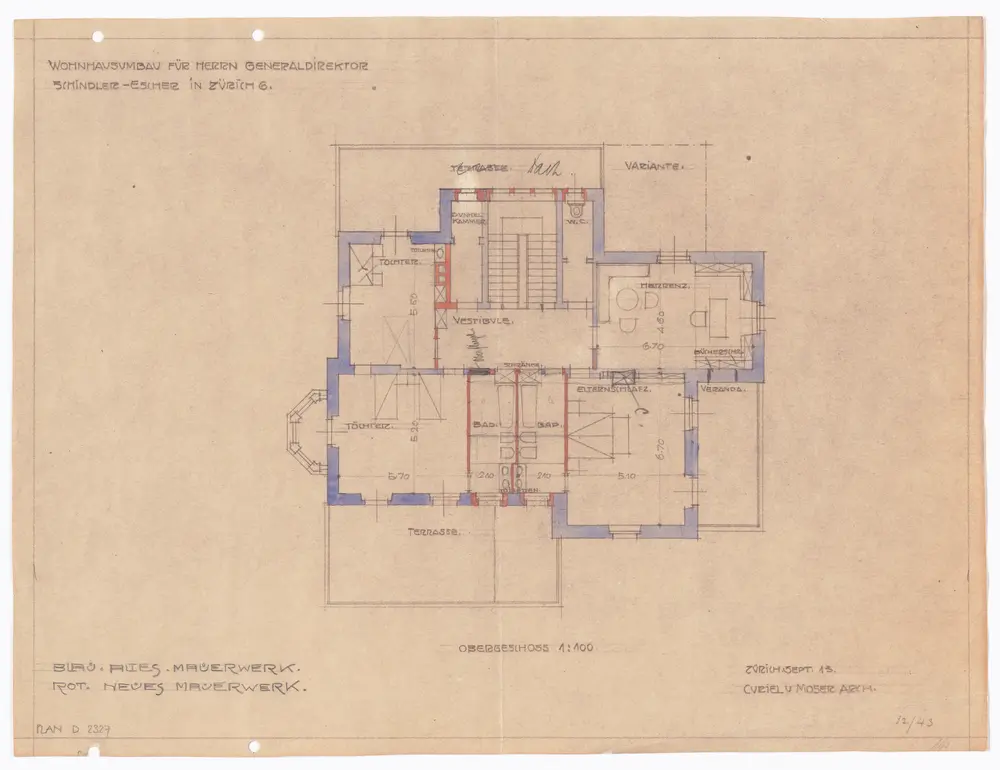 Schindlergut Zürich 6: Umbau für Generaldirektor Schindler-Escher; Obergeschoss; Grundriss