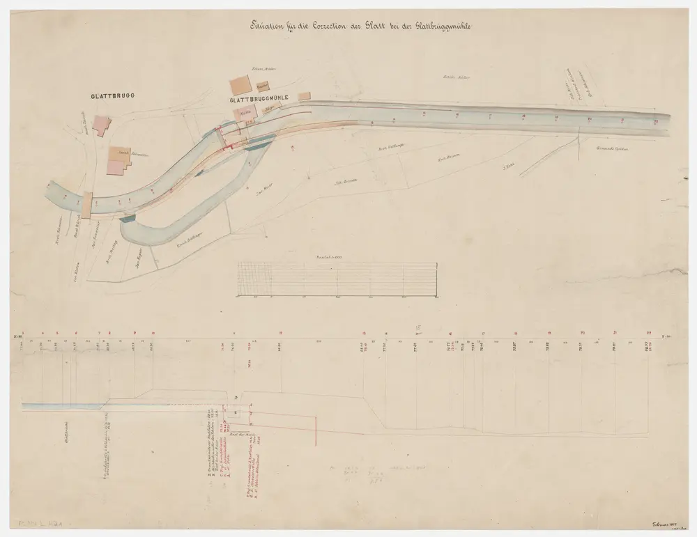 Opfikon: Brücke in Glattbrugg bis unterhalb der Mühle in Glattbrugg, Glattkorrektion; Situationsplan und Längsprofil