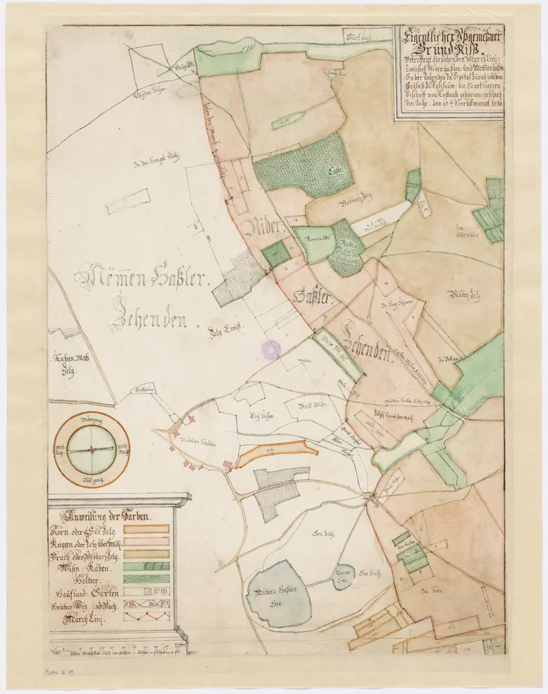 Niederhasli: Grenzlinie zwischen den Zehntenbezirken Niederhasli und Mettmenhasli, zehntenpflichtig dem Spital Zürich, dem Schloss zu Eglisau und dem Bischof von Konstanz; Grundriss (Variante 2)