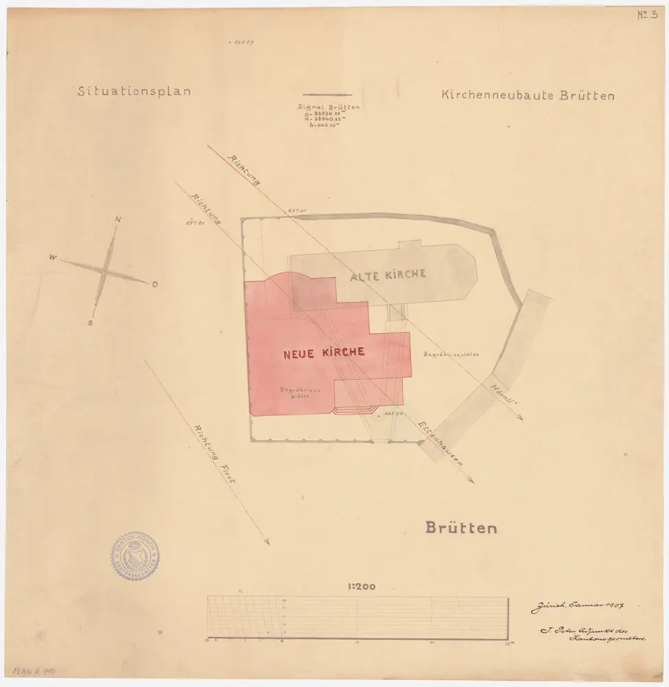 Brütten: Alte Kirche und projektierte neue Kirche; Grundriss (Nr. 3)