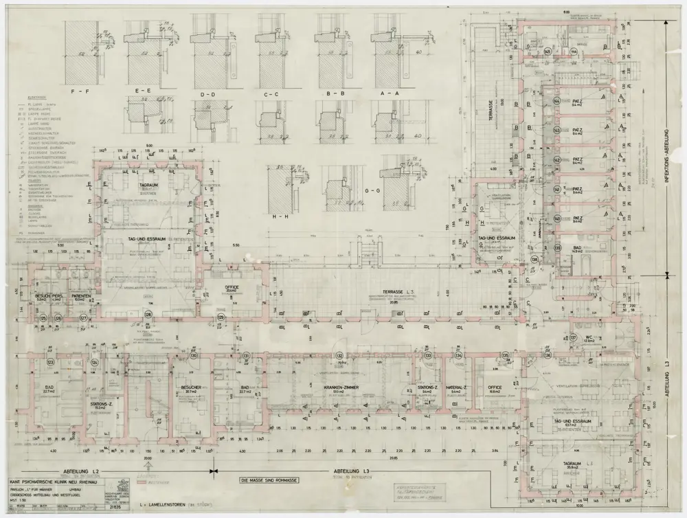 Psychiatrische Klinik Neu-Rheinau: Männergebäude L, Umbau, Erdgeschoss; Grundrisse: Mittelbau und Westflügel