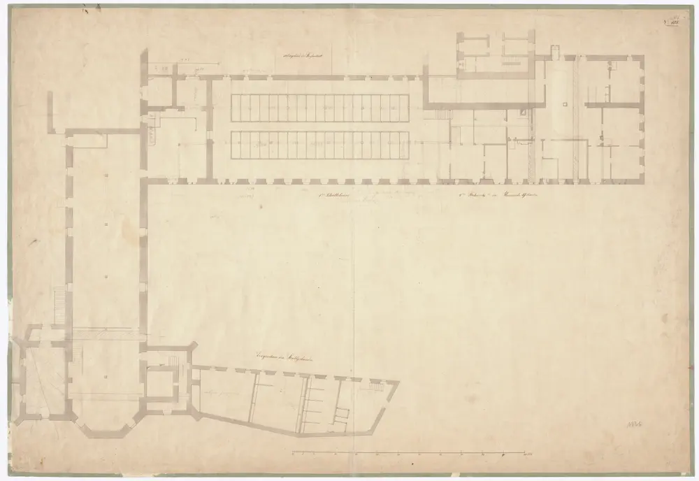 Kornamtsgebäude: Erster Schütteboden, 2. Stock und Erdgeschoss des Stallgebäudes; Grundriss