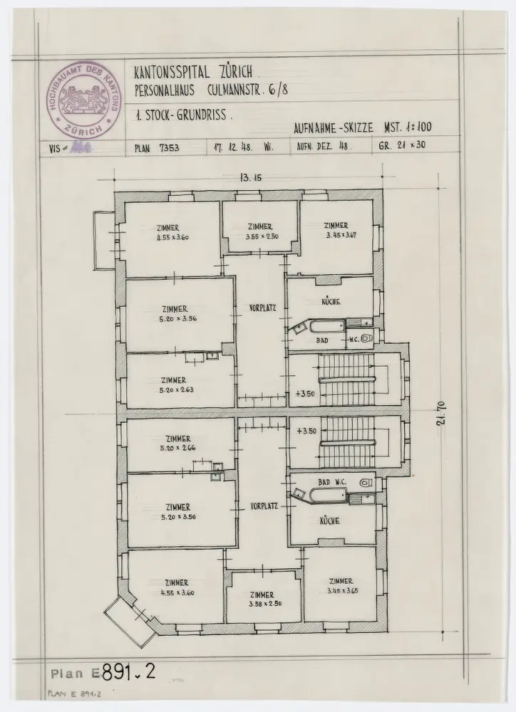 Zürich: Kantonsspital, Personalhäuser Culmannstrasse 6 und 8; Grundrisse: 1. Stock