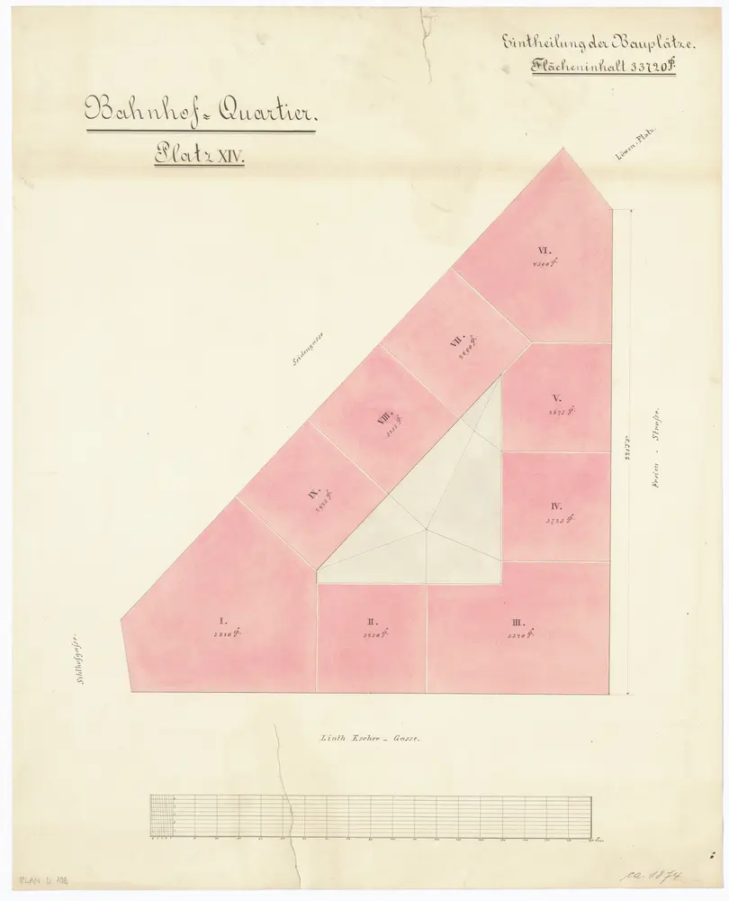 Bahnhofquartier, Bauabteilung 14, Gebäude an der Seidengasse, Linth-Escher-Gasse und Freienstrasse: Einteilung der Bauplätze; Grundriss