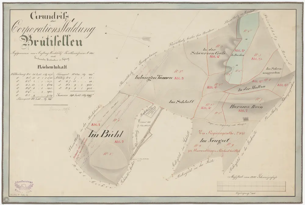 Wangen-Brüttisellen (damals Wangen): Genossenschaftswaldung Brüttisellen und Grundstücke der Mühle Wangen: Genossenschaftswaldung Brüttisellen: Harzersrain, Muelten (Multen), Schlatt, Buechen, Langentannen, Schwarzen Gass, Büel, Neuguet; Grundriss