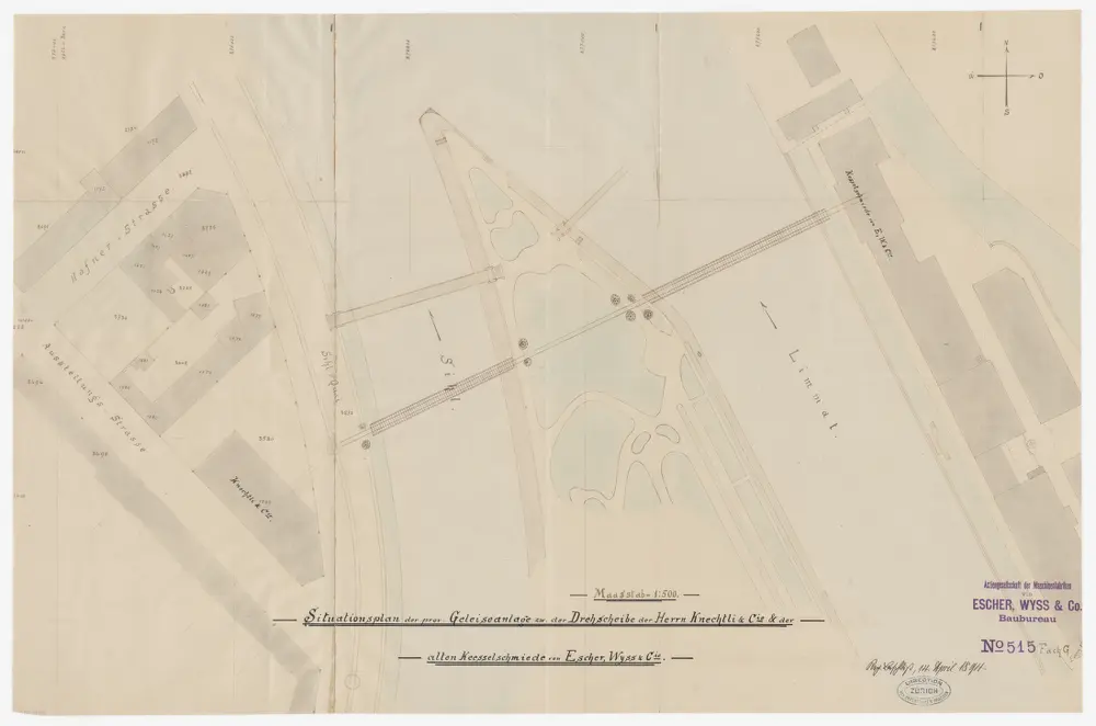 Zürich: Provisorische Balkenbrücke über die Sihl und die Limmat in Unterstrass für die Gleisanlage zwischen der Drehscheibe der Herren Knechtli und Cie. und der alten Kesselschmiede von Escher, Wyss und Cie.; Situationsplan