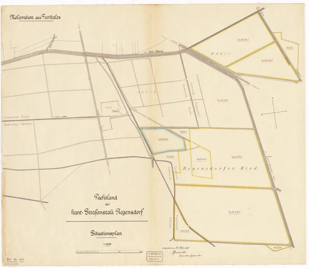Buchs, Dällikon, Regensdorf: Melioration des Furttals, Pachtland der kantonalen Strafanstalt Regensdorf; Situationsplan