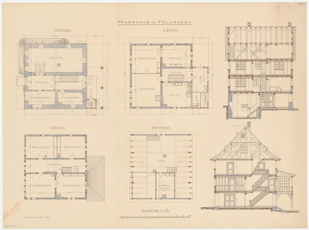 Fällanden: Pfarrhaus; Längs- und Querschnitt sowie Grundrisse des Erdgeschosses, des 1. und 2. Stocks und des Dachgeschosses (Nr. 5)