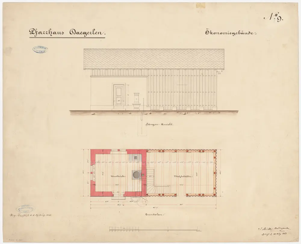 Dägerlen: Ökonomiegebäude des Pfarrhauses; Seitenansicht und Grundriss (Nr. 9)