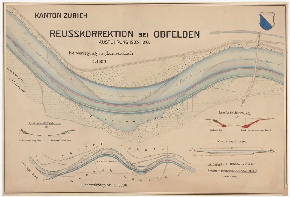 Hünenberg ZG, Obfelden, Merenschwand AG: Oberhalb Einmündung der Lorze bis unterhalb der Einmündung des Lindenbachs, von 1903 bis 1910 ausgeführte Reusskorrektion; Situationsplan, Übersichtsplan und Normalprofile