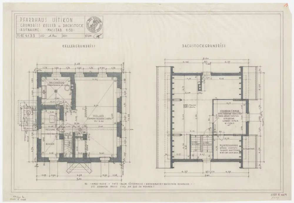 Uitikon: Pfarrhaus, Keller und Dachgeschoss; Grundrisse (Nr. 1)