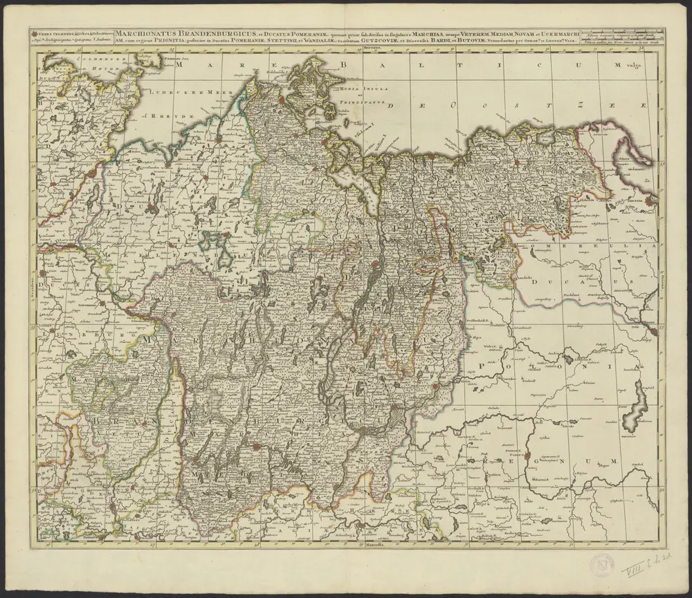 Marchionatus Brandenburgicus, et ducatus Pomeraniae, quorum prior subdivisus in singulares marchias, nempe veterem, mediam, novam et Ucermarchiam, cum regione Prignitia: posterior in ducatus Pomeraniae, Stettinii, et Wandaliae, comitatum Gutzcoviae, et dioceses Bardi, et Butoviae