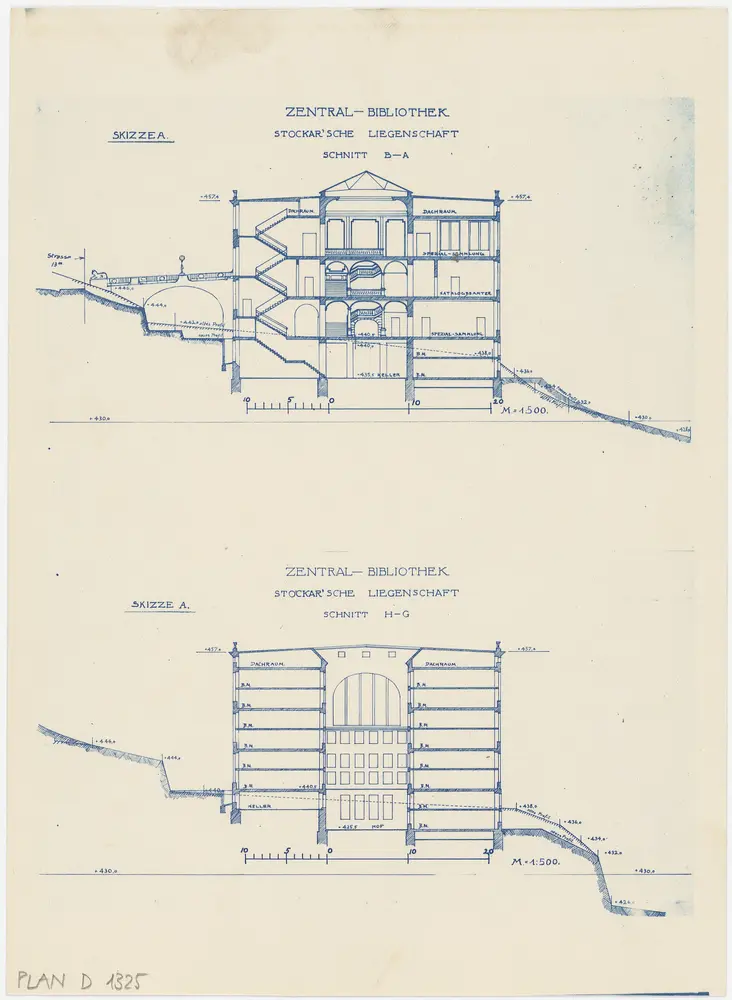 Projektierte Zentralbibliothek auf dem Stockargut: Schnitte B-A und H-G