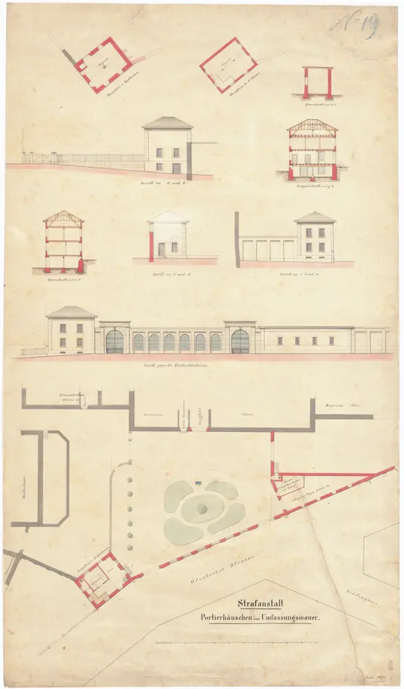 Kantonale Strafanstalt Oetenbach: Um- und Ausbau; Portierhäuschen und Umfassungsmauer; Situationsplan, Ansichten, Grundrisse und Schnitte