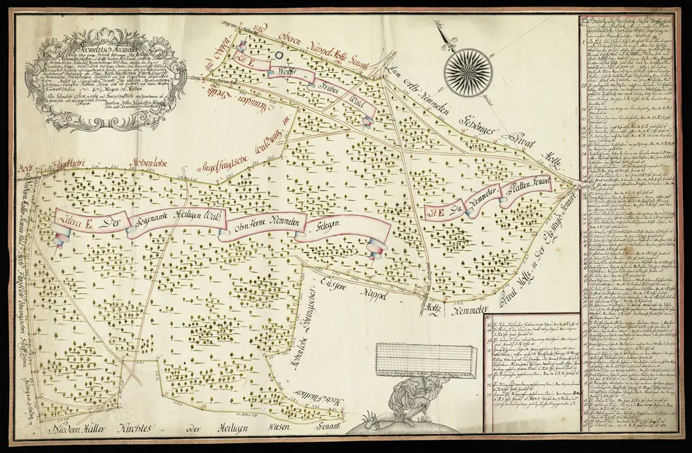 HZAN GA 100_Nr. 100_ : Hermersberg (Kr. Künzelsau); "Geometrischer Plan über einige Waldungen, das Heilige, Kemmeter Platte und Wolfsgruben";Ignatz Keller, kurfürstlich mainzischer Oberamts-Renovator zu Krautheim;30 Hermannsberger Ruten = 14 cm;98 x 63,5 cm; Norden oben nach links.Papier; Federzeichnung; Wald in Wasserfarben; Erklärungen in Kartusche; Grenzsteine bezeichnet.