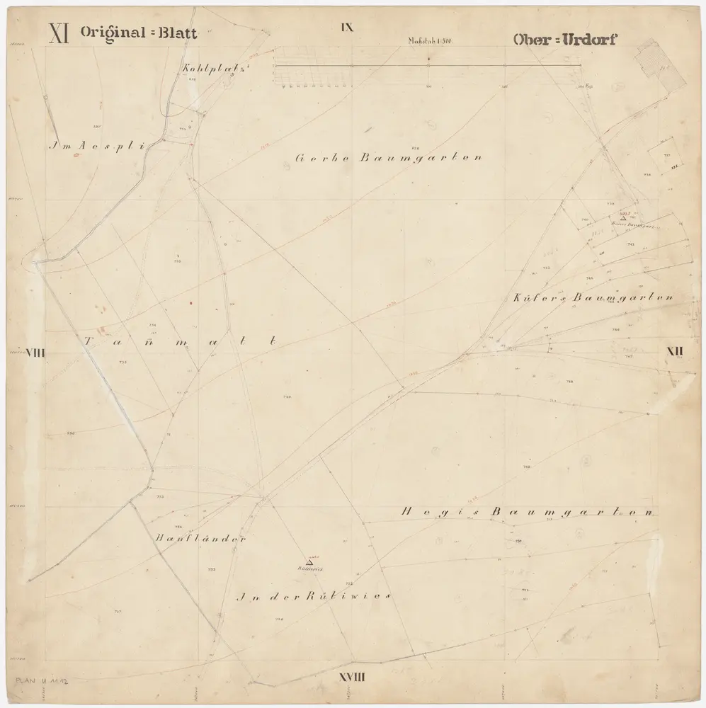 Oberurdorf: Gemeinde; Katasterpläne: Blatt XI: Kohlplatz, Im Aespli, Gerbe Baumgarten, Tannmatt, Küfers Baumgarten, Hanfländer, Hegis Baumgarten und In der Rütiwies; Situationsplan