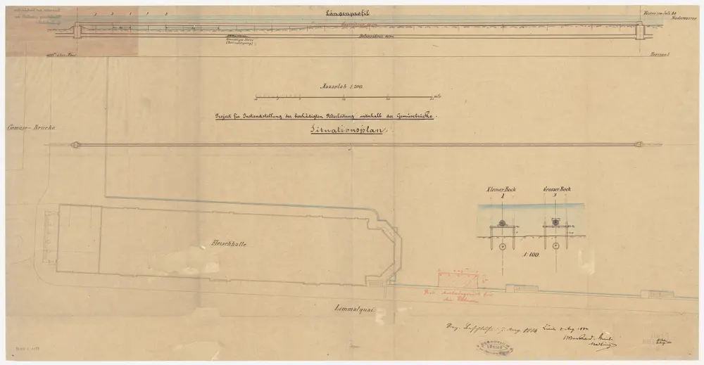 Zürich: Unterhalb der Gemüsebrücke, projektierte Instandstellung der Filterleitung; Situationsplan, Längsprofil und Details (Zürichsee-Abfluss Nr. 116)