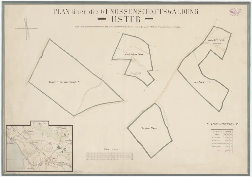 Uster: Privat- und Genossenschaftswaldungen: Genossenschaftswaldungen Gründlen, Eich, Cholgarten, Rotweid, Chalchtaren, Ausser Gemeindholz; Grundrisse