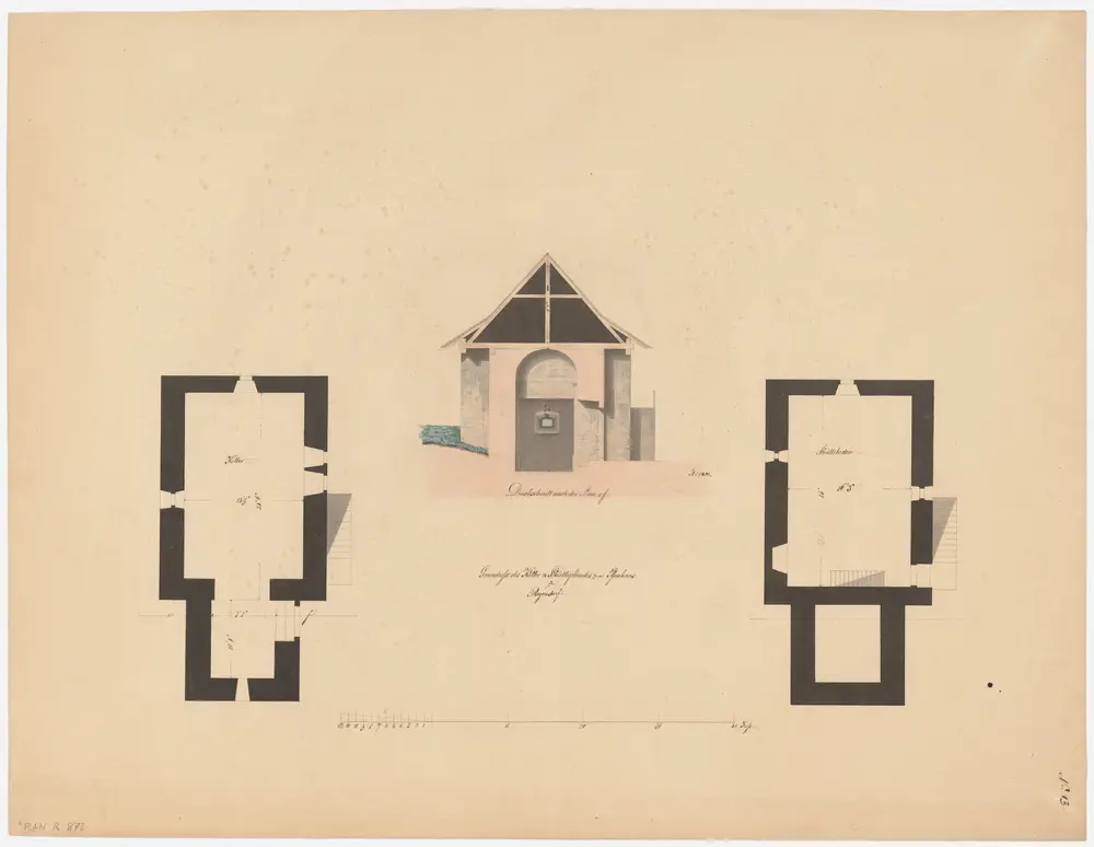 Regensdorf: Niklauskapelle bzw. Schüttegebäude; Grundrisse des Kellers und des 1. Stocks und Querschnitt (Nr. 13)