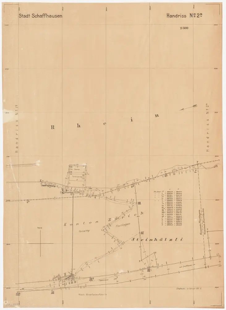 Feuerthalen bis Flurlingen: Durch den Vertrag vom 11.01.1901 zwischen den Kantonen Zürich und Schaffhausen festgelegter Grenzverlauf am linken Rheinufer bei Schaffhausen; Situationsplan-Handrisse: Rhein bei Steinhölzli in Flurlingen; Situationsplan-Handriss (Nr. 2 a)