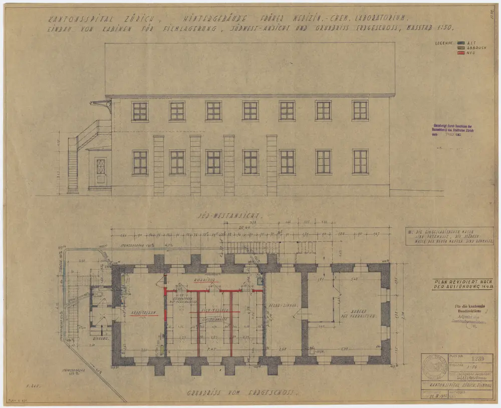 Zürich: Kantonsspital, Hintergebäude, Einbau von Kabinen für Filmlagerung, Erdgeschoss; Südwestansicht und Grundriss