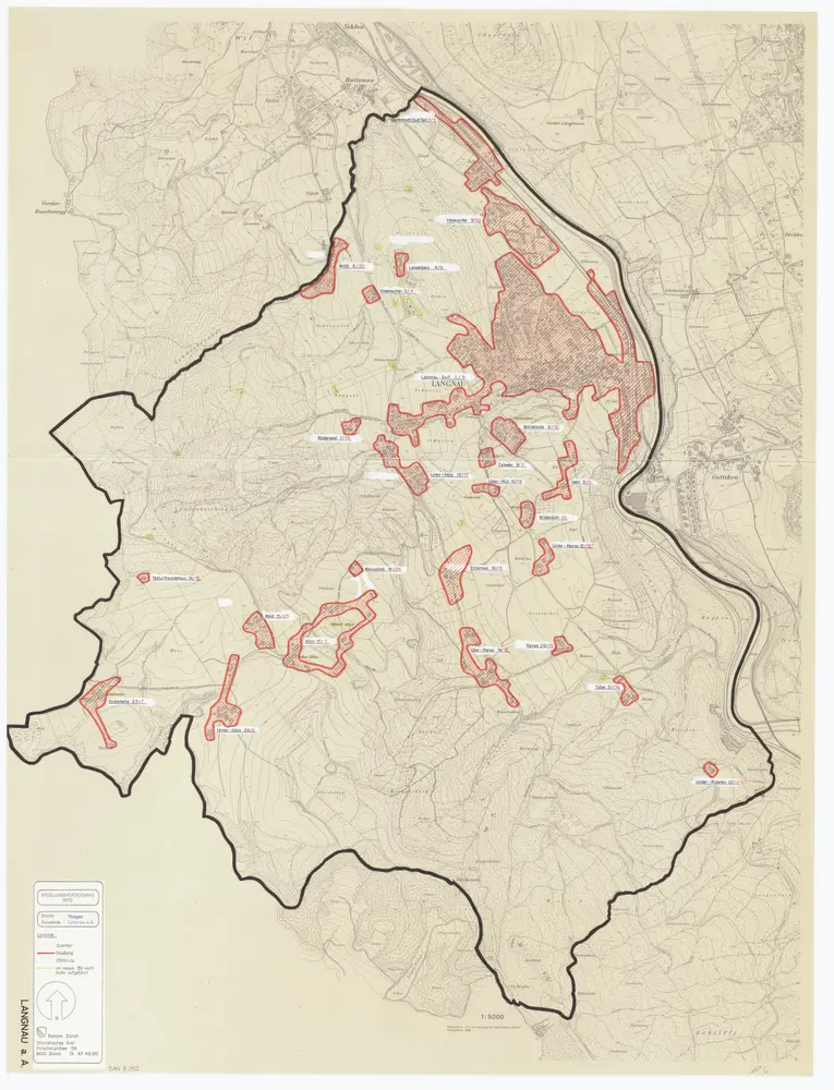 Langnau am Albis: Definition der Siedlungen für die eidgenössische Volkszählung am 01.12.1970; Siedlungskarte
