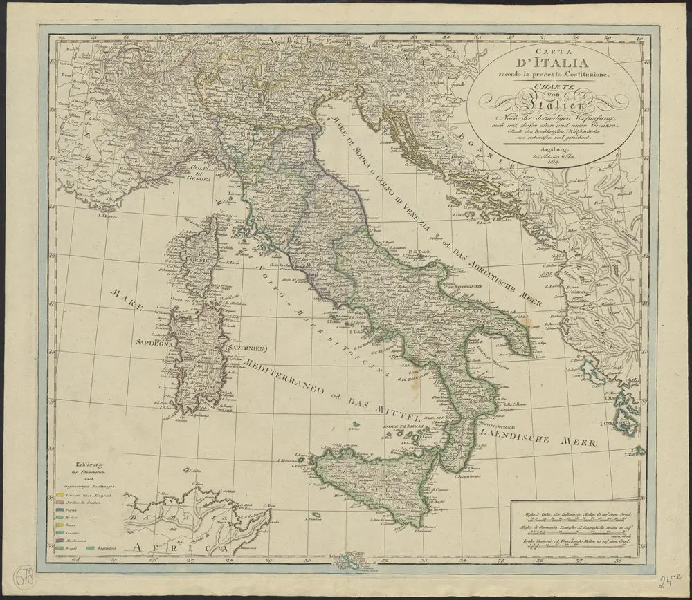 Charte von Italien : nach der dermaligen Verfassung, auch mit dessen alten und neuen Grenzen nach den bewährtesten Hülfsmitteln neu entworfen und gezeichnet = Carta d'Italia secondo la presento Costituzione