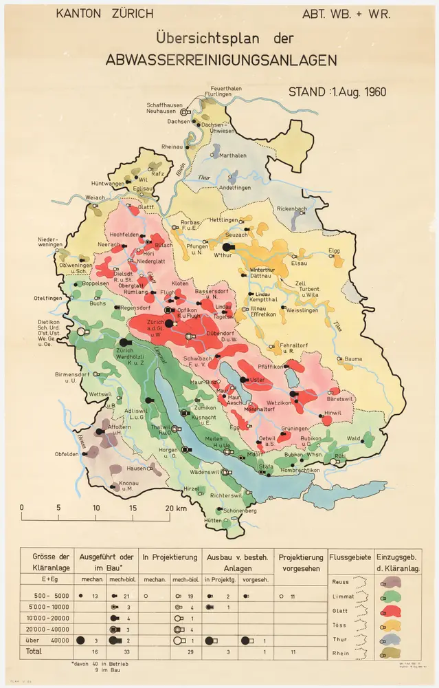 Kanton Zürich: Bestehende und projektierte Abwasserreinigungsanlagen, Zustand 01.08.1960; Übersichtskarte