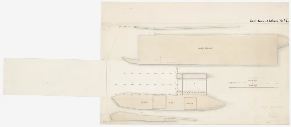 Zürich: Unterer Mühlesteg, Schleife, Mühle von Herrn Vögeli und Mühle von Herrn Bodmer; Grundriss (Zürichsee-Abfluss Nr. 17)