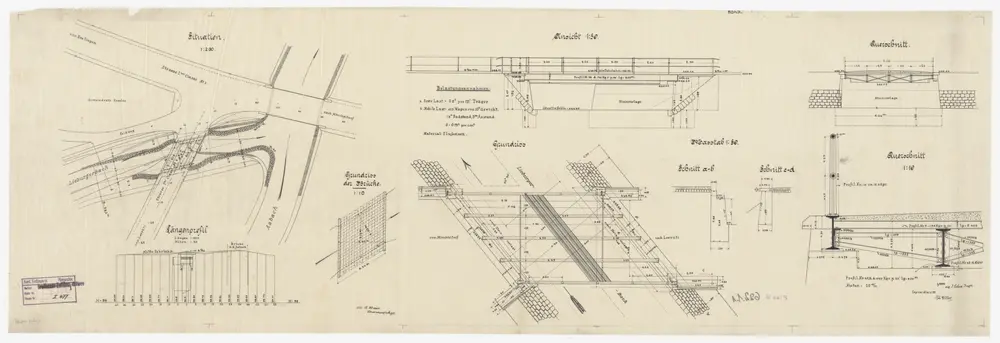 Egg: Brücke über den Lieburgerbach zwischen Esslingen und Mönchaltorf; Situationsplan, Seitenansicht, Grundrisse und Schnitte