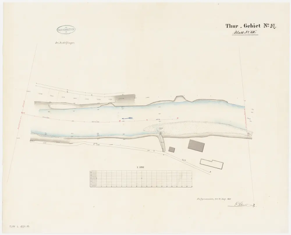 Andelfingen (damals Grossandelfingen), Kleinandelfingen, Flaach: Thur von oberhalb der Andelfinger Eisenbahnbrücke bis zur Einmündung in den Rhein, Thurkorrektion: Blatt XIII: Andelfingen (damals Grossandelfingen), Kleinandelfingen: Thurkorrektion; Situationsplan (Thur-Gebiet Nr. 57)