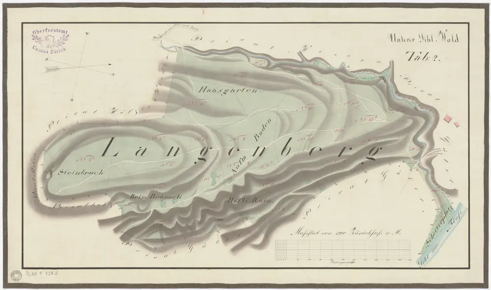 Horgen, Langnau am Albis, Thalwil, Hottingen, Zürich: Staatswaldungen, Genossenschaftswaldungen und Zürcher Stadtwaldungen: Langnau am Albis: Zürcher Stadtwaldung Unterer Sihlwald mit Langenberg; Grundriss (Tab. 2)