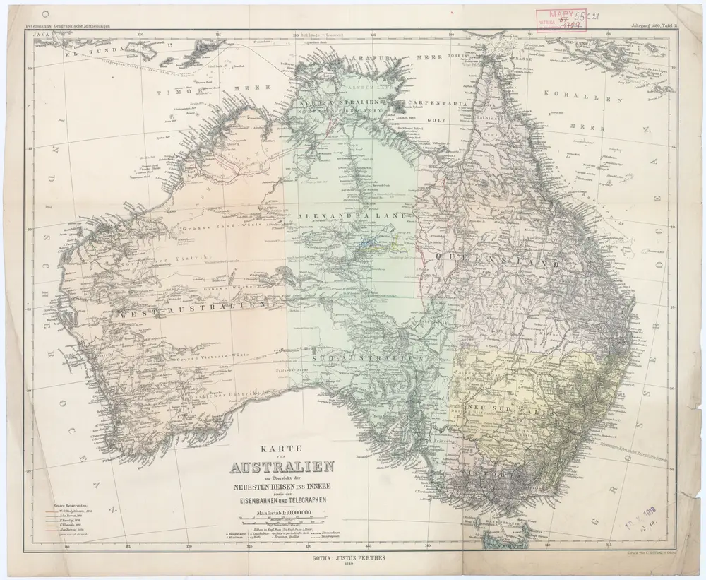 Karte von Australien zur Übersicht der neuesten Reisen ins Innere sowie der Eisenbahnen und Telegraphen