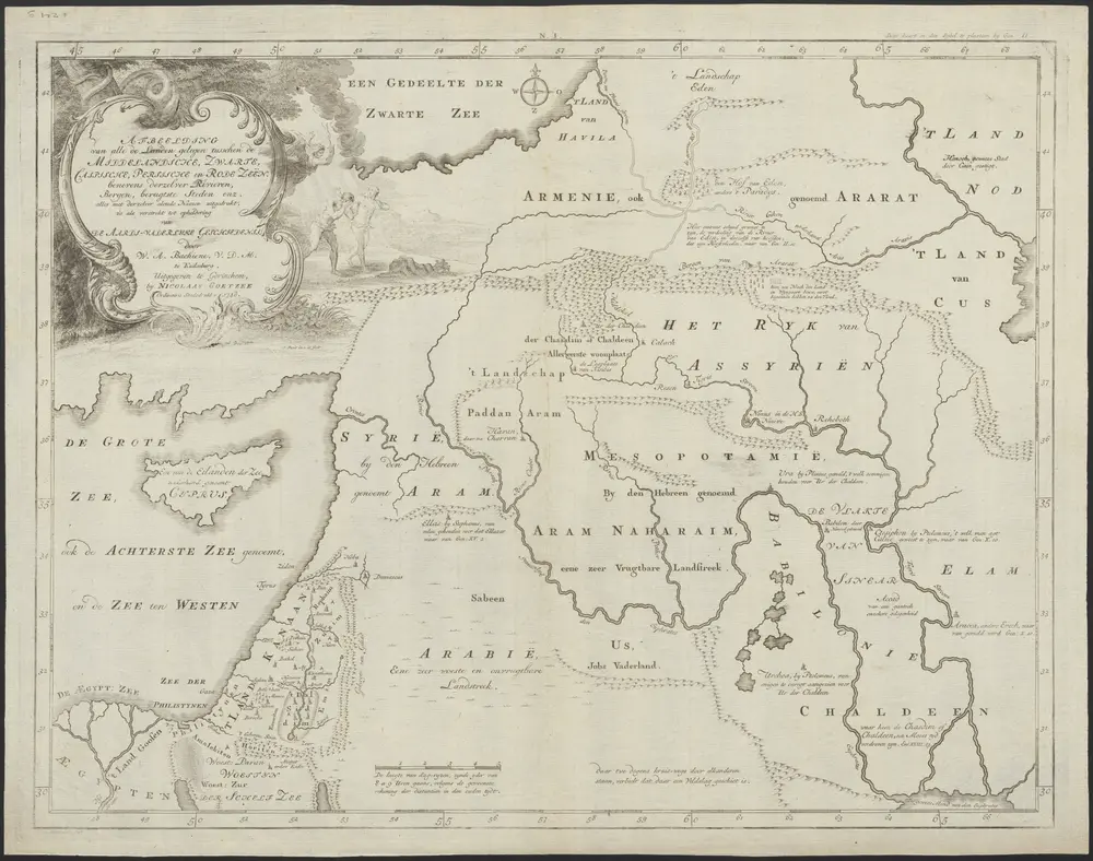 Afbeelding van alle de landen gelegen tusschen de Middellandsche, Zwarte, Caspische, Persische en Rode Zeeën : benevens derzelver rivieren, bergen, berugtste steden enz. : alles met derzelver aloude namen uitgedrukt, zo als verstrekt tot opheldering van de aards-vaderlyke geschiedenis