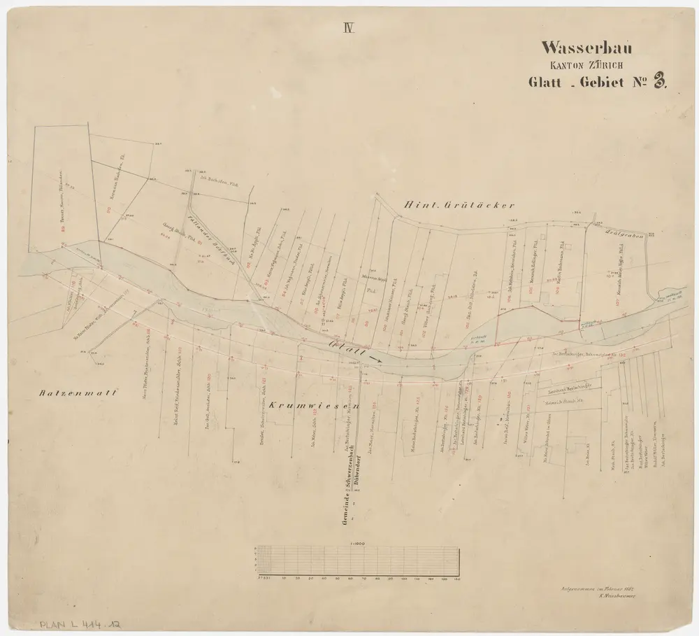 Fällanden bis Wallisellen: Greifensee bis zum Neugut in Wallisellen, projektierte Glattkorrektion; Grundrisse (Glatt-Gebiet Nr. 3): Blatt IV: Glatt in Schwerzenbach; Grundriss (Glatt-Gebiet Nr. 3)