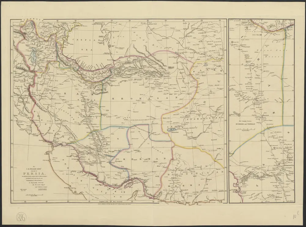 To J.B. Fraser Esqr. this map of Persia, on which the country between Busheer, Teheran, Mushed and Reshd is laid down from his own astronomical observations, is respectfully dedicated