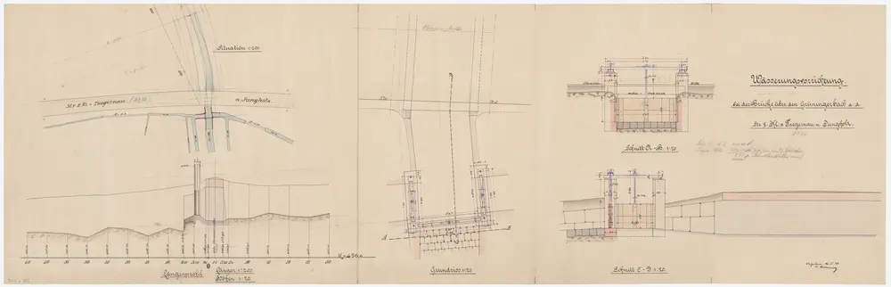 Gossau: Brücke zwischen Tägernau und Jungholz über die Aa (Grüningerbach), Wässerungseinrichtung mit Schleusen; Situationsplan, Grundriss, Längsprofil und Schnitte